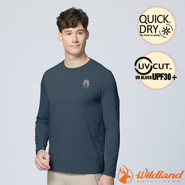  【荒野 WildLand】 男 彈性雙色印花圓領長袖機能衣.T恤.套頭衫.內搭衣/0B31610-211 暮霧藍✿30E010